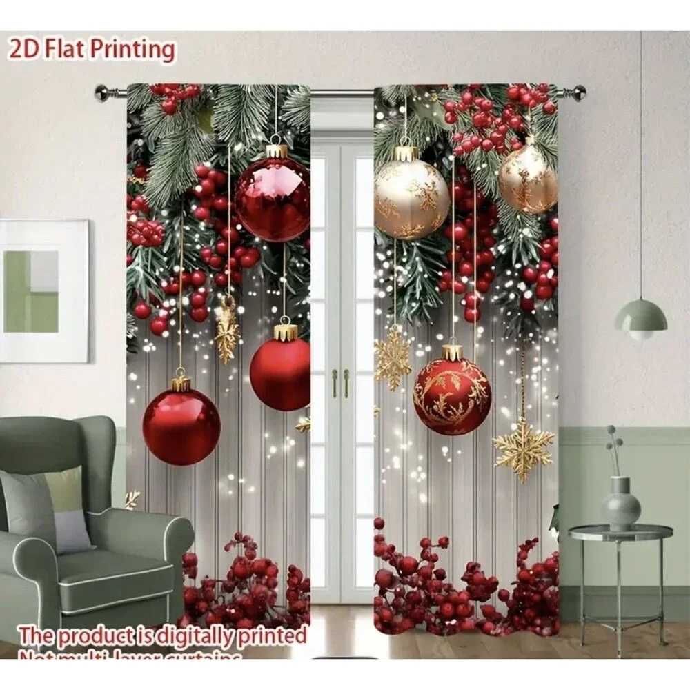 Christmas Ball Holiday Printed Curtains 2 Pieces Xmas Print Curtains Room Decor